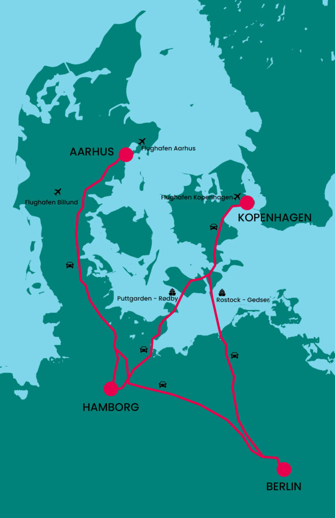 Anreisekarte Routen von Hamburg und Berlin nach Aarhus und Kopenhagen